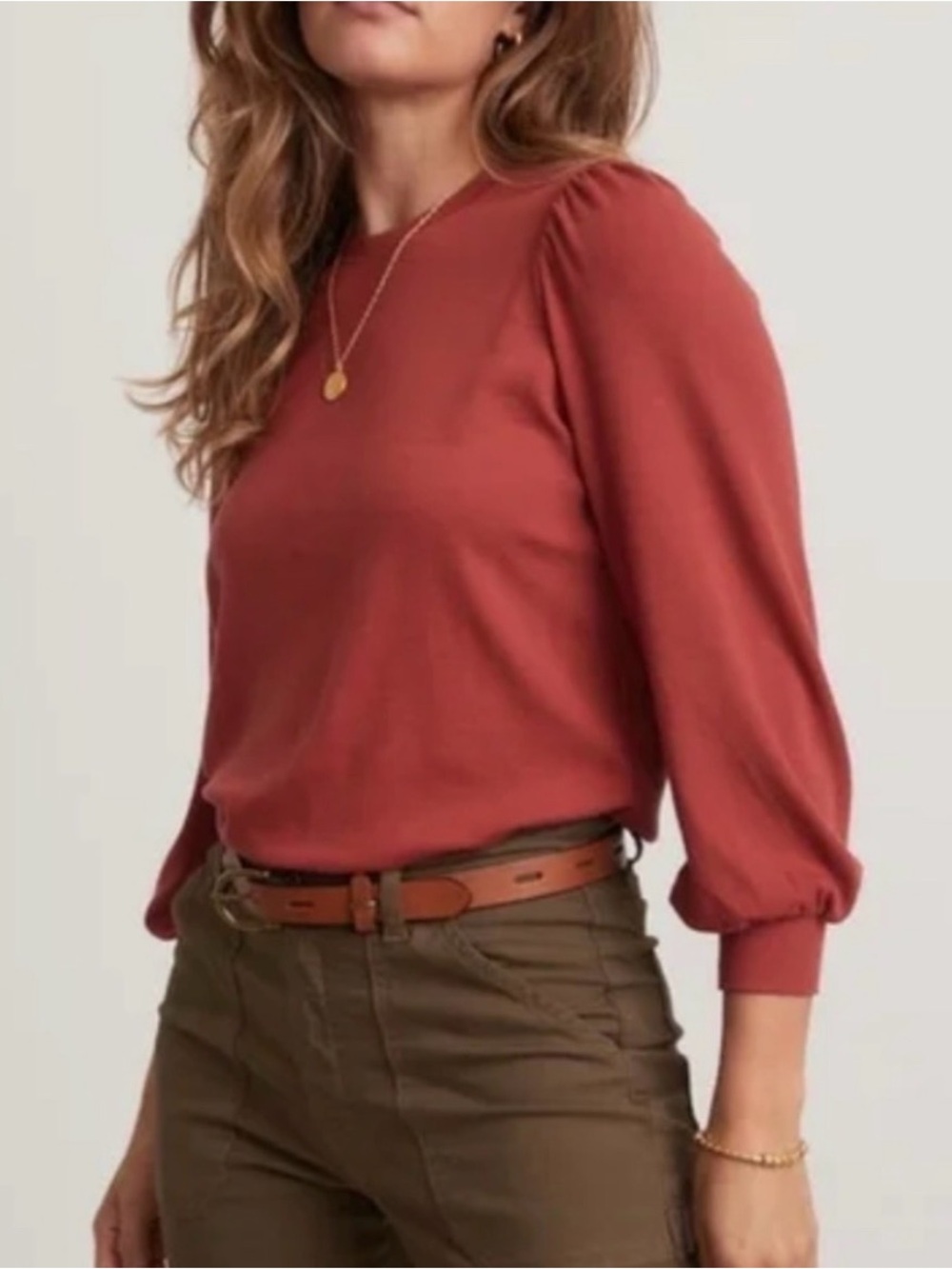 Marine Layer Lexi Ribbed Puff Sleeve Top Rust Large